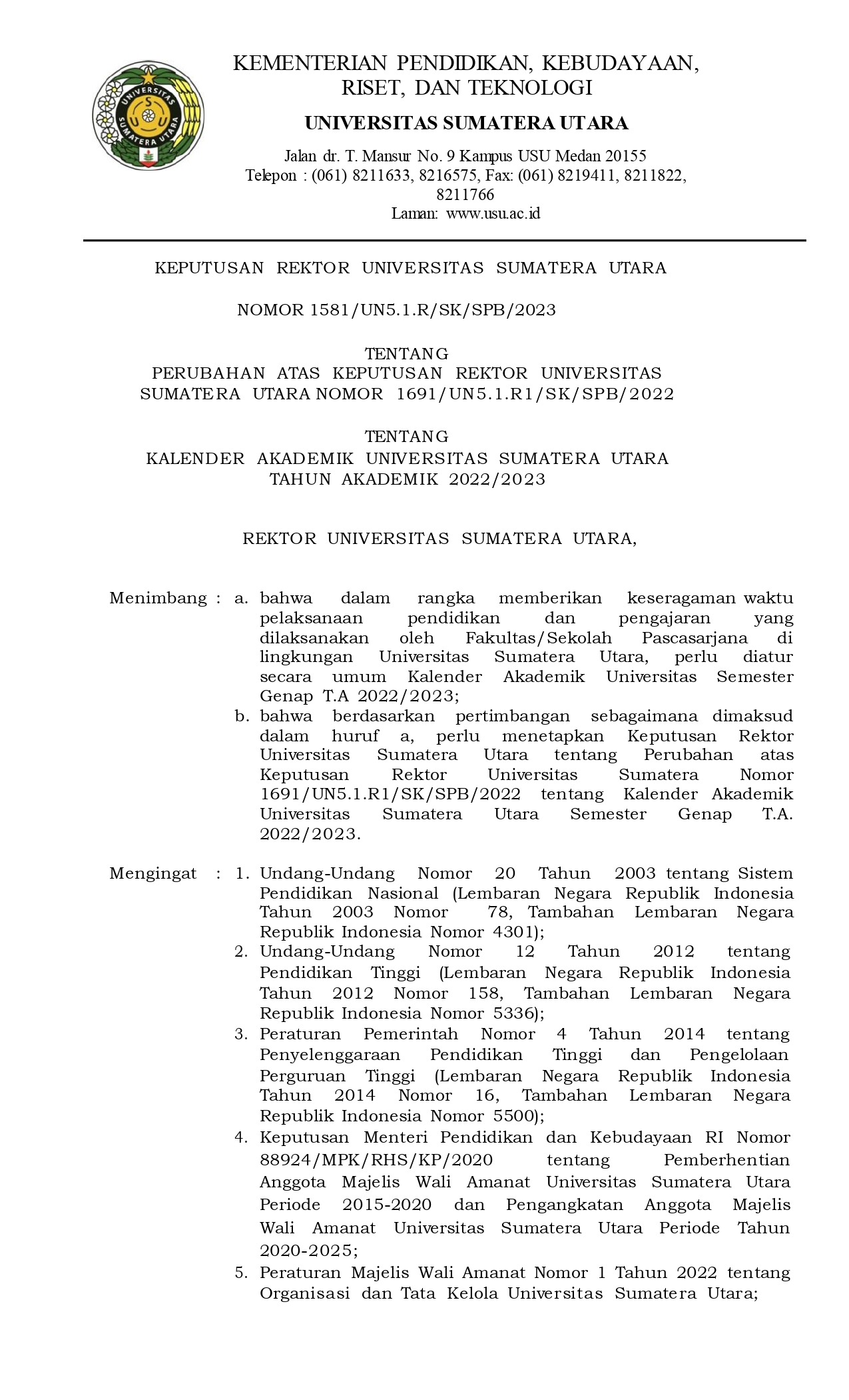 Perubahan Kalender Akademik Universitas Sumatera Utara Tahun Akademik 2022/2023  Universitas 